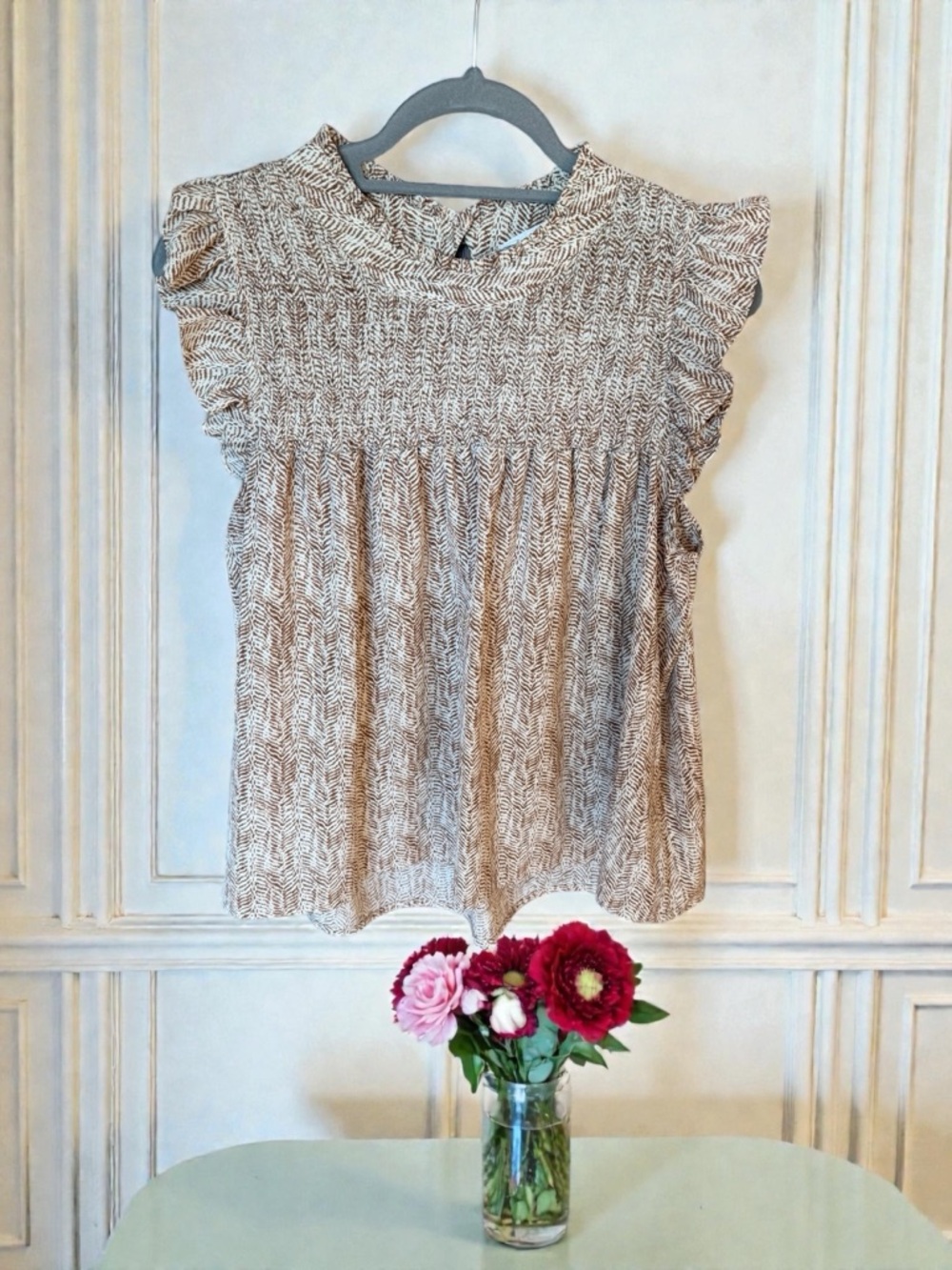 THML Cream and Brown Printed Flutter Sleeve Dress - Picture 3 of 7